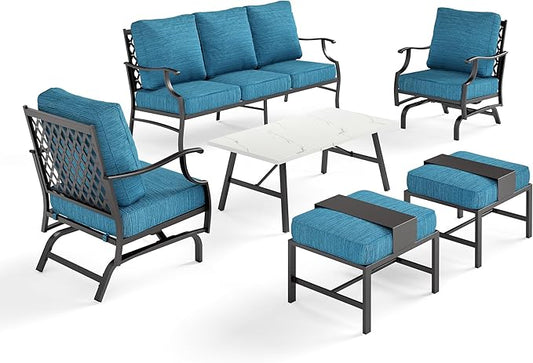 6 Piece Metal Outdoor Patio Furniture Set, Patio Conversation Set 3-seater Sofa, 2 Rocking Chair, 2 Ottomans with 5.75" Thick Cushion and Coffee Table, Black Backyard Furniture, Blue-2