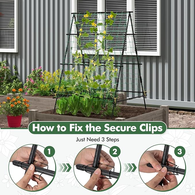 Garden Trellis for Climbing Plants Outdoor, A Frame Plant Trellis with Climbing Net, Coated Metal Poles, Twisted & Clips, Grape Trellis Plant Support for Vines, Vegetables, Fruit & Flower