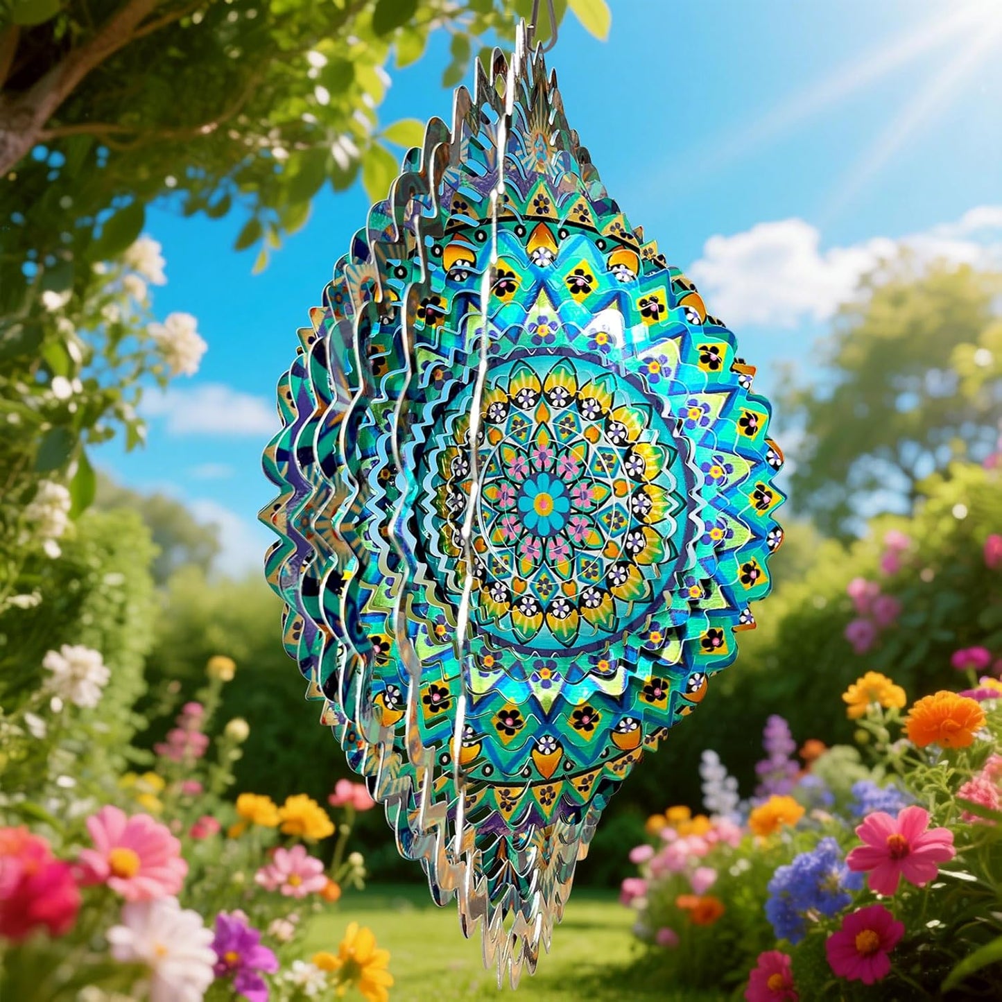 Wind Spinner Mandala Peacock - 12In Laser Cut Stainless Steel Wind Spinners Outdoor, 3D Kinetic Hanging Sculpture, Rustproof Metal Garden Decor Yard Art, Unique Gift for Women, Men, Holidays