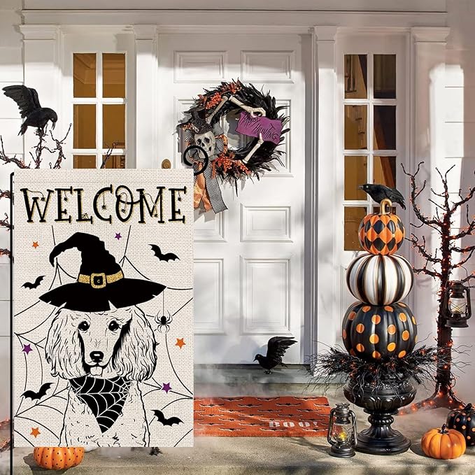 Halloween Garden Flag Poodle Cobweb Bats Double Sided Vertical Welcome Flag Holiday Outdoor Yard Lawn Decorations 12.5 x 18 Inch