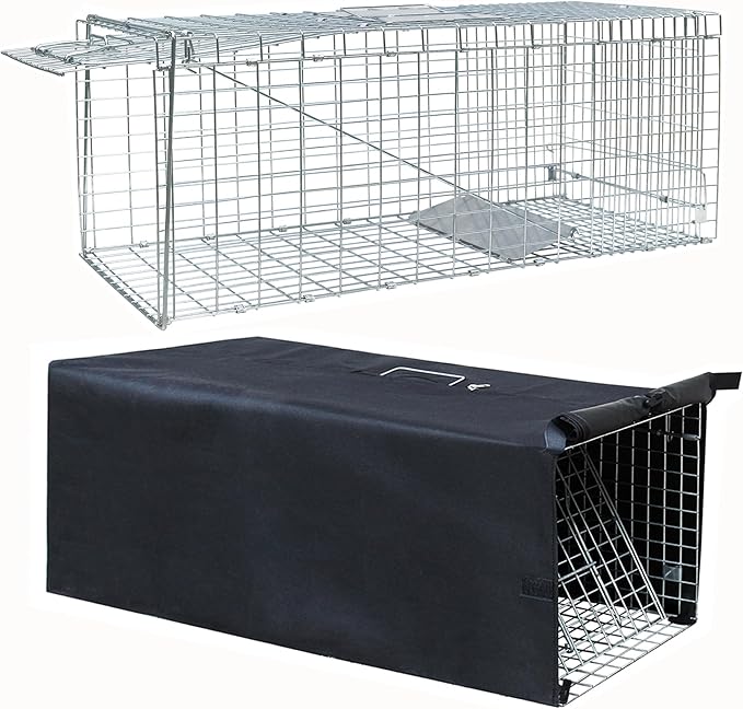Live Feral Cat Trap Cage with Cover, Heavy Duty Folding Animal Traps Cage for Stray Cats, Humane Cat Trap for Raccoon, Squirrel, Skunk, Catch and Release - (32 x 10 x 12 inches)