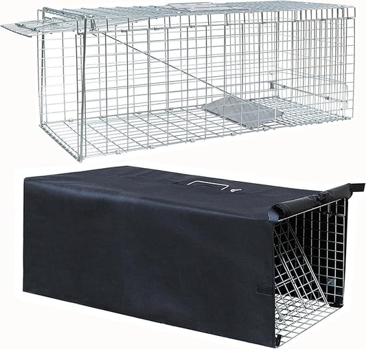 Live Feral Cat Trap Cage with Cover, Heavy Duty Folding Animal Traps Cage for Stray Cats, Humane Cat Trap for Raccoon, Squirrel, Skunk, Catch and Release - (32 x 10 x 12 inches)