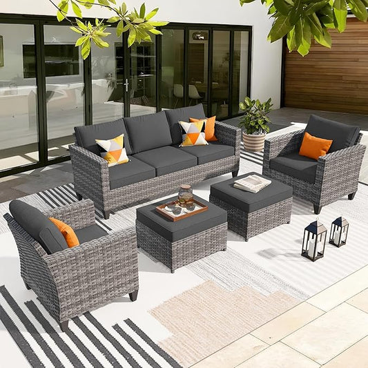 ovios Patio Furniture Set, 5 Pieces Outdoor Wicker Sofa Couch with Chairs, Ottomans and Comfy Cushions, All Weather High Back Rattan Conversation Set, Black