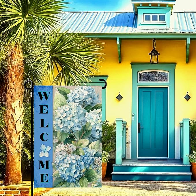 Hydrangea Garden Flags Welcome Spring Summer Yard Flag Waterproof Blue Floral Garden Flag for Outside Double Side Burlap Flowers House Banner Decor Standard Size 12×18 Inch