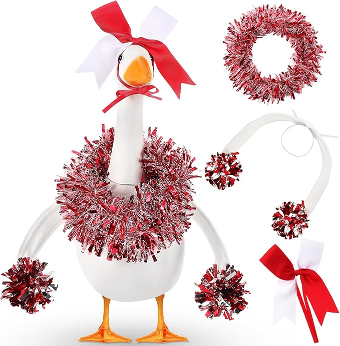 3 Pcs Cheerleader Porch Goose Outfit Poseable Wings with Pom Poms Garland and Bow for 23" Lawn Cement Goose Football Halloween Garden Patio Yard Outdoor Classroom Decorations(Red)