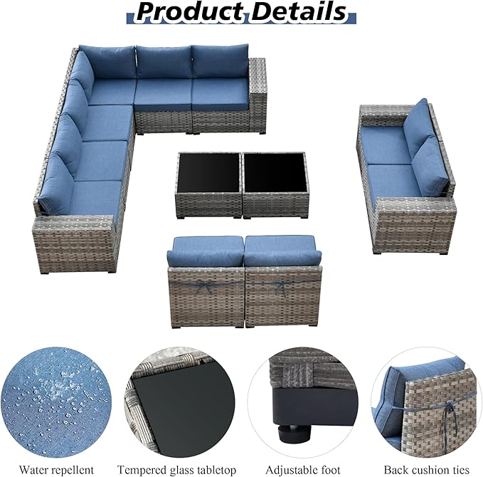HOOOWOOO 12 Piece Modular Patio Outdoor Sectional Furniture Sofa Set,Wicker Conversation Set,Out Door Couch Set with Wide Arm for Outside All Weather(Denim Blue)