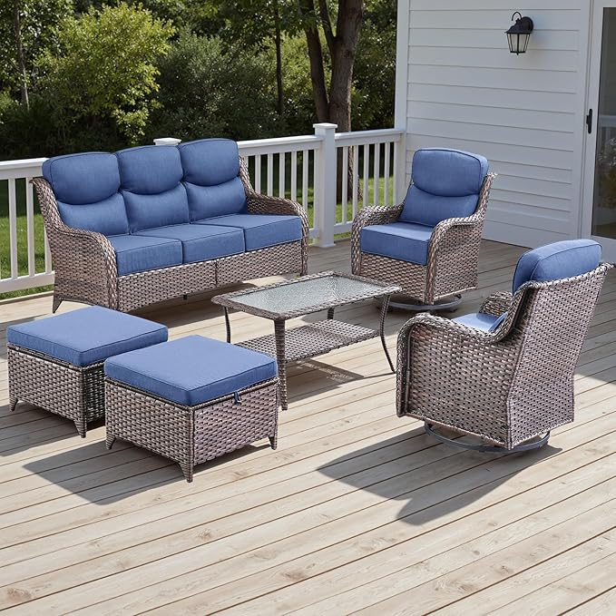 Wicker Outdoor Patio Furniture Set - 6 Piece Patio Conversation Sets with Swivel Rocker Chairs, Ottomans, Sofa and Table, 6 inch Cushions, Deep Seating, for Porch Deck Brown/Blue