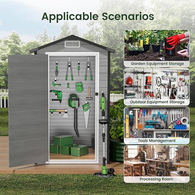 GVDV 4×6 FT Outdoor Resin Plastic Storage Shed with Reinforced Floor, All-Weather Plastic Shed with Lockable Door, Window and Vent, Waterproof Tool Storage for Garden, Backyard, Patio, Tool Storage
