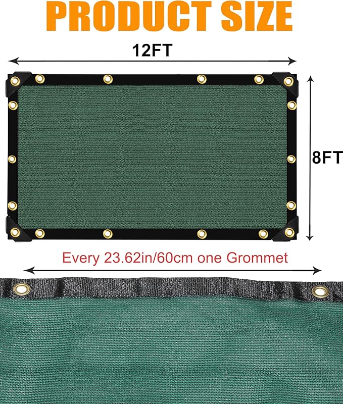 e.share 90% Heavy Duty Shade Cloth for Garden, 12 Ft X 8 Ft Sun Shades Outdoor Patio with Grommets for Plant Covers,Porch Screen,Pergola Shade Cover,Greenhouse,Green
