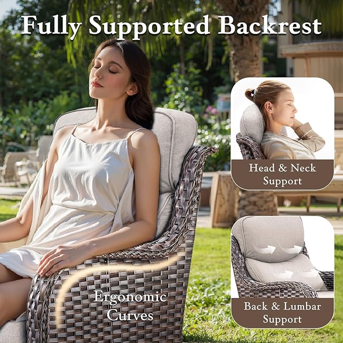 Luxury High Back Outdoor Furniture with 6-inch Extra Thick Cushions, Patio Furniture Set with Swivel Chairs, 4 PCS Wicker Conversation Set for Yard, Deck, Poolside, Brown/Beige