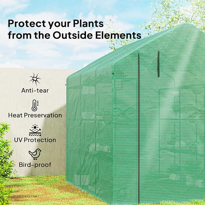 Outsunny 8' x 6' x 7' Walk-in Greenhouse, PE Cover, 4-Tier Shelves, Steel Frame Hot House, Roll-Up Zipper Door for Flowers, Vegetables, Saplings, Tropical Plants, Green