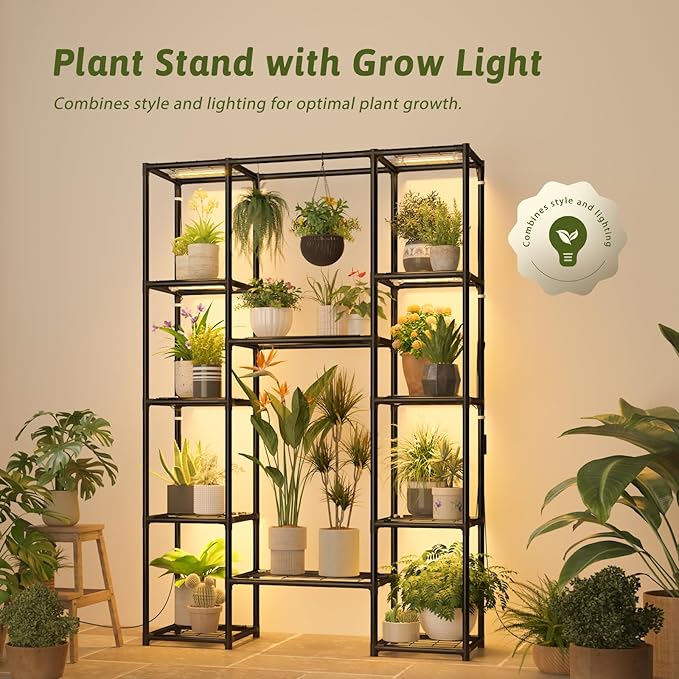 Plant Stand with Grow Lights Large Plant Shelf Indoor Plant Cabinet Hanging Plant Rack Metal Plant Holder for Multiple Plants for Living Room Patio Balcony Garden Black