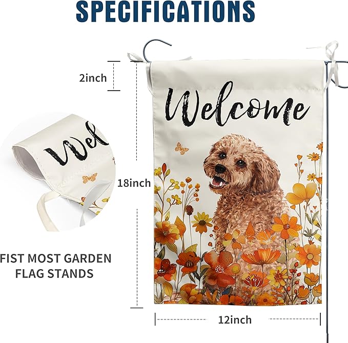 Floral Golden Doodle Garden Flag Fall Yard Flag Wildflower Dog Garden Flags Orange Autumn Lawn Flags Welcome Thanksgiving Outdoor Flags for Outside 12x18 Double Sided Small
