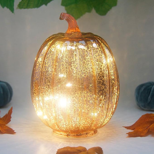Mercury Glass Pumpkin Lights with Timer, Battery Operated Led Pumpkin Lights for Halloween Fall,Thanksgiving Rustic Decor (Rosegold Common, 8")