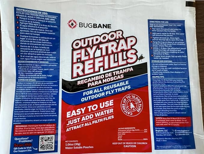 Fly Traps Outdoor Fly Trap for Patio with 2 Non-Toxic Dissolvable Bait Refills. Reusable Hanging Bug Catcher Killer for All Filth Flies for Outside Bug Control Yard Ranch. Hanging Chains Included