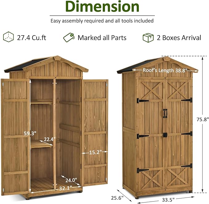 Macrout Outdoor Storage Cabinet, 75 Inches Lockable Wooden Storage Shed with Removable Shelves, Tall Tool Shed with for Yard Patio Lawn, 1165