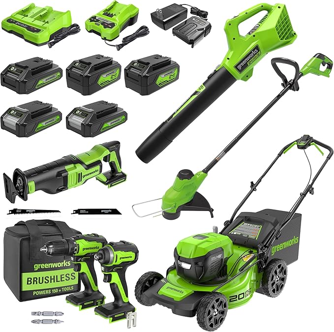Greenworks 48V (2x24V) Electric Lawn Mower Combo Kit - 20" Mower, 12" String Trimmer, 320 CFM Blower, 1/2" Drill, 1/4" Impact Driver, 1-1/8" Reciprocating Saw - 5 Batteries, 3 Chargers, 3-Yr Warranty