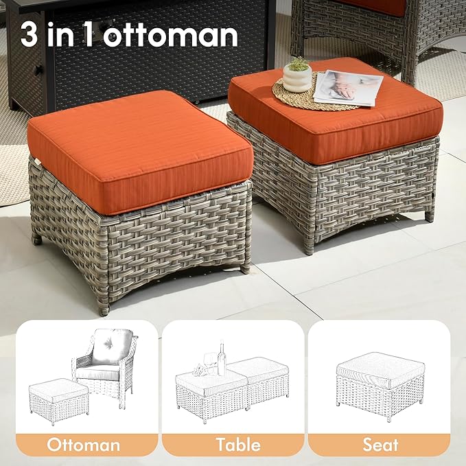 8 Pieces Patio Outdoor Furniture Set with Swivel Rocking Chairs,All Weather Wicker Rattan Patio Seating Sofa and Chair Set w/Ottoman,Outdoor Conversation Sets for Deck Yard Garden,Orange Red
