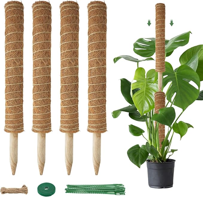 Moss Pole for Plants Indoor - 4 Pack Plant Poles for Climbing Plants to Grow Upright 16 inch Stackable Moss Sticks Coir Totem Pole Plant Support for Monstera Pothos Philodendrons Potted Plants