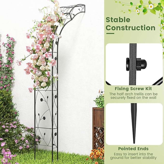 Moccha 2 Sides Garden Arch Arbor Trellis, 8.2FT Metal Archway for Climbing Plants Roses Vines, Outdoor Pergola Trellis with 6 Styles & Sharp Ends, Garden Arbor for Backyard Wedding Party Ceremony