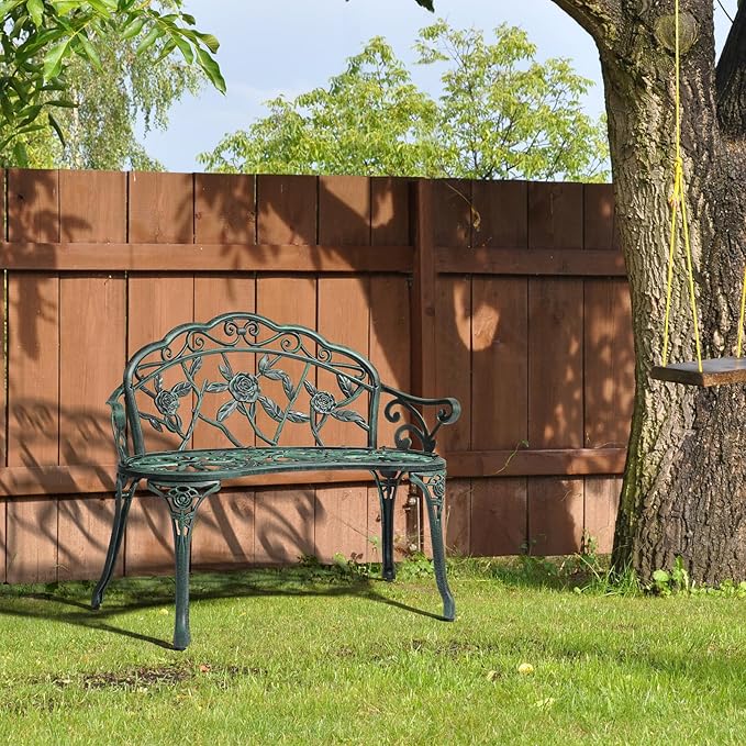 VINGLI 38.5" Patio Park Garden Outdoor Metal Rose Bench,Cast Iron Cast Aluminium Frame Antique Finish Chair,Accented Lawn Front Porch Path Yard Decor Deck Furniture for 2 Person Seat（Green&Black