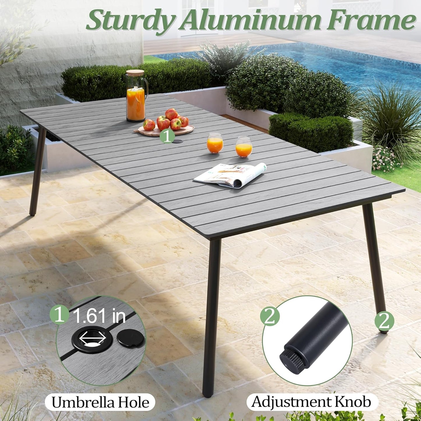 Outdoor Dining Table for 8-10, 94.5 inch Patio Dining Table with Wooden-Like Top and Aluminum Frame, Rectangular Table with Umbrella Hole Outdoor Furniture, Grey