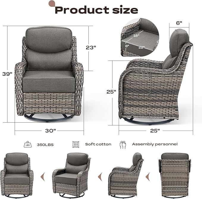 Outdoor Patio Swivel Rocker Chairs Set of 2, Waterproof Wicker, High Back, Deep Seating, Wide Armrest, Upgraded 6 inch Thick Cushions, Ideal for Deck Porch Backyard, Mixed Grey-Grey
