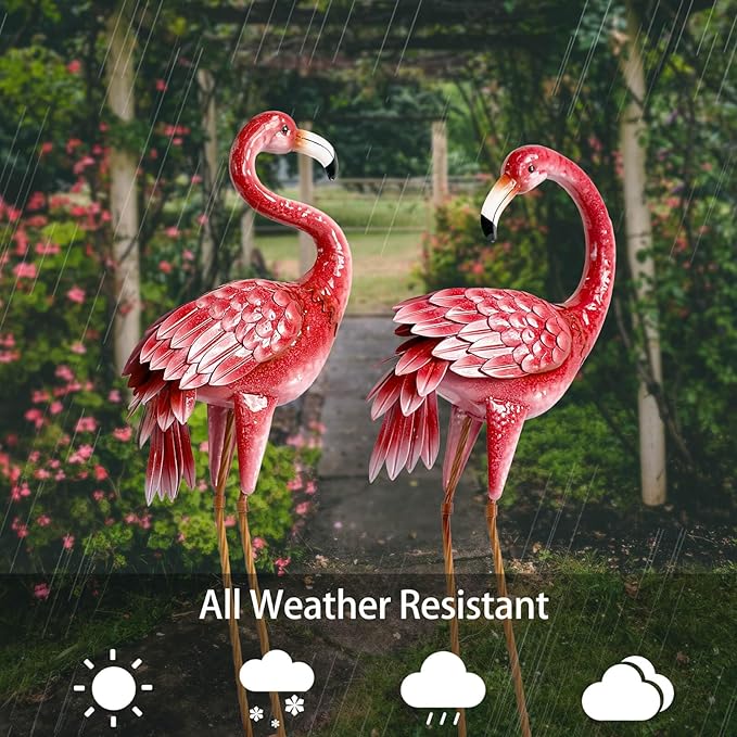 Kircust Flamingo Garden Statues and Sculptures, Metal Birds Yard Art Outdoor Statue, Large Pink Flamingo Lawn Ornaments for Home, Patio, Backyard Decor (2-Pack)