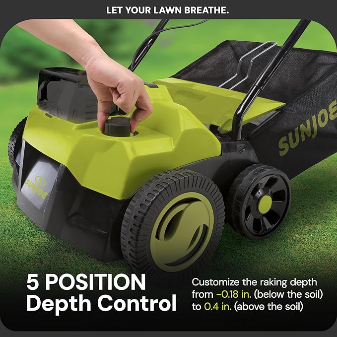 Sun Joe 24V-X2-DTS15 Scarifier and Dethatcher Kit, 5-Depth Positions, 15-inch, Brushless Motor, w/ 2 x 24-V 4.0-Ah Batteries and Dual Port Charger