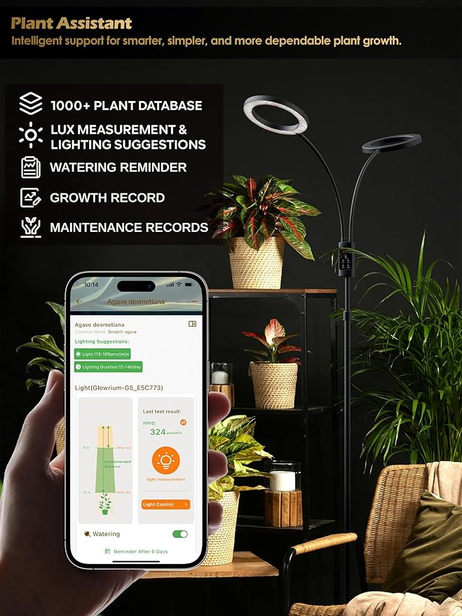 Smart Grow Lights for Indoor Plants,48W 2-Head Plant Light with Auto-Timer, Full Spectrum LED Grow Light, Adjustable Height & Stepless Dimming,Plant Assistant Suitable for Most Plants (Black, 48W)