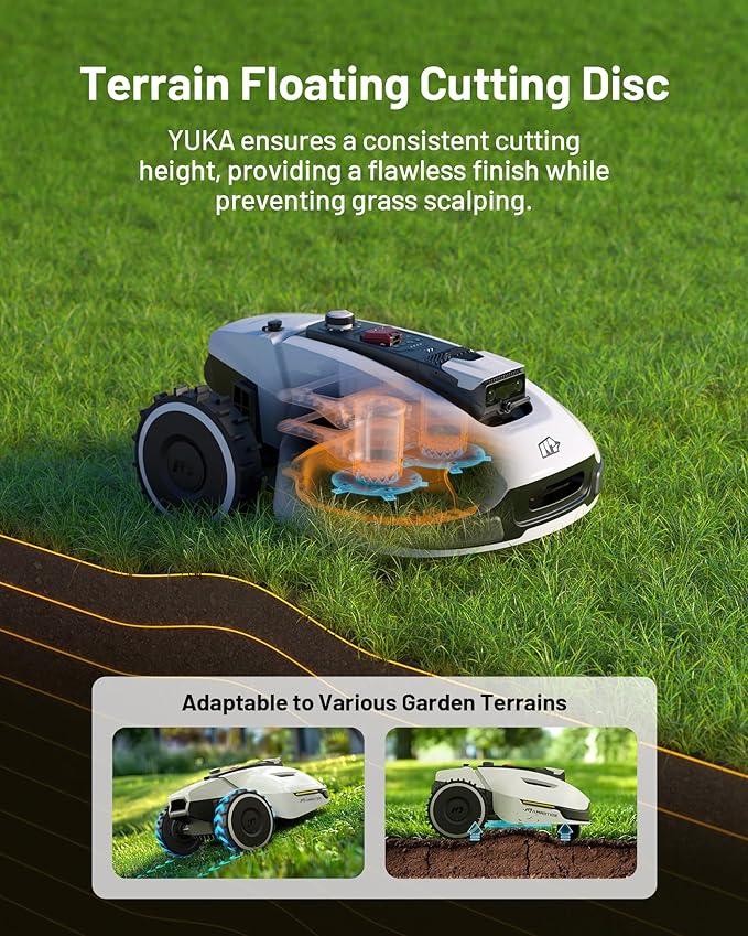 YUKA 2000 Robot Lawn Mower with Replacement Blades, Reception 0.5 Acre,Max. 0.7 Acre, Ultrasense AI Vision & RTK, Auto Mapping & App Control,45% Slope,Wireless Perimeter, 20 Mowing Zones