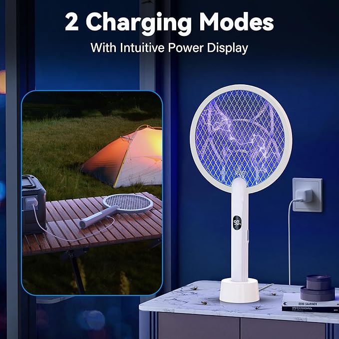 Electric Fly Swatter Racket, 2 in 1 Mosquito Bug Zapper 4100V Handheld Mosquito Killer with 1800 mAh Rechargeable Battery, Purple Light and 3-Layer Safety Mesh for Indoor Outdoor Grey