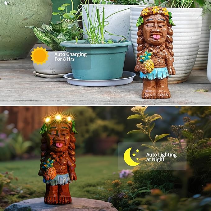 Solar Tiki Girl Garden Statue Tiki Lady Holding Pineapple Figurine with Flower LED Lights Bar Patio Porch Yard Art Outdoor Fall Decoration Halloween Birthday Christmas Gardening Gift for Mom Women