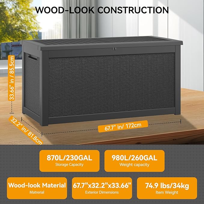 KAMABOKO 260 Gallon Outdoor Storage Box, Resin Deck Boxes Indoor and outdoor, Waterproof Storage Box Lockable Lid for Garden Tools, Package Delivery, Patio Cushions, Black