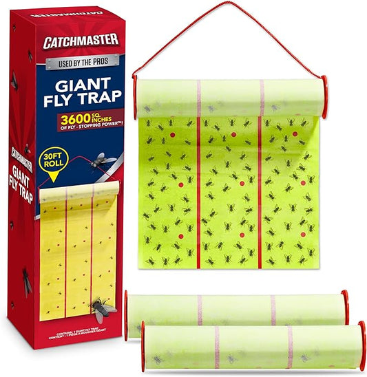 Catchmaster Giant Fly Glue Trap 3-Pack 30 Feet Each, Adhesive Fly Traps Outdoor, Sticky Bug Catcher, Bulk Flying Insect Paper Roll, Pet Safe Pest Control for Garage, Barn, Greenhouse & Garbage Room