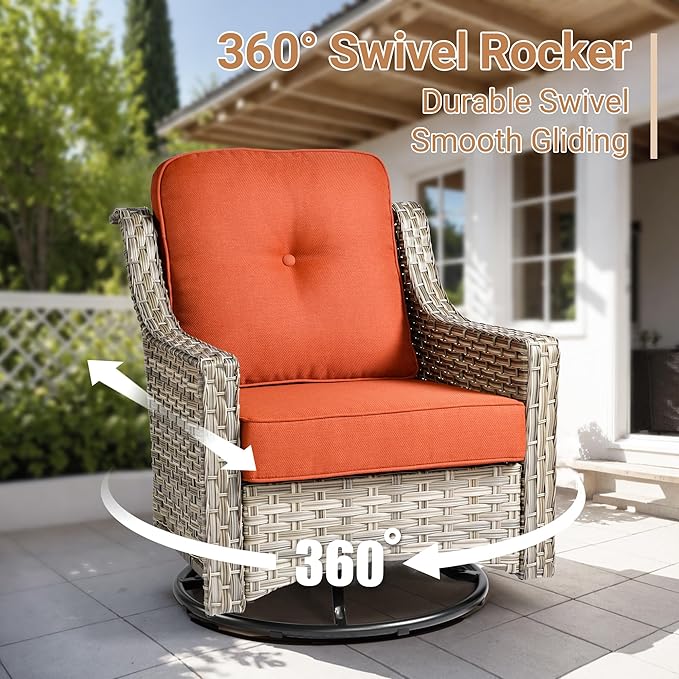 HOOOWOOO Outdoor Patio Furniture Set,8 Pieces Wicker Out Door Sectional Furniture L Shaped Couch,Patio Conversation Sets with Swivel Rocking Chair LED Table,Orange Red