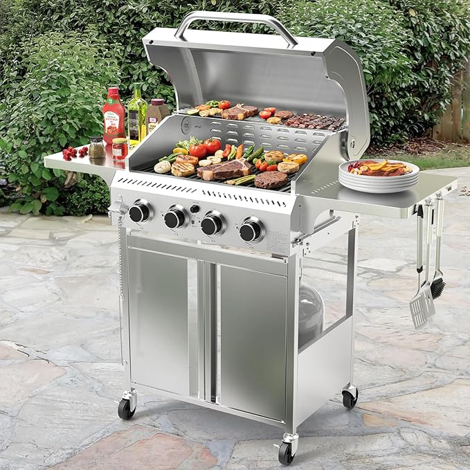 4-Burner Propane Gas Grill with 304 Stainless Steel Cooking Grid, Hanging Hooks/Heat-Resistant Handle, 32000BTU Stainless Steel BBQ Grill with Portable Wheels for Camping/Patio/Backyard