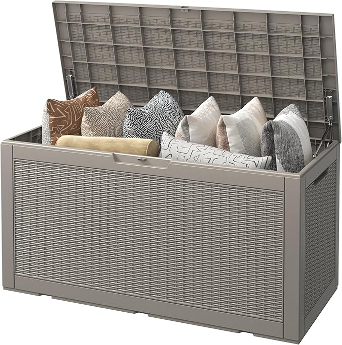 100 Gallon Resin Outdoor Storage Box,Waterproof Deck Box Lockable for Patio Furniture Cushions, Garden Tools, Heavy-Duty Double-Wall Structure with Gas Lift and Reinforced Seat Lid, Grey