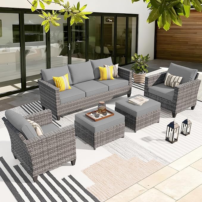 ovios Patio Furniture Set, 5 Pieces Outdoor Wicker Sofa Couch with Chairs, Ottomans and Comfy Cushions, All Weather High Back Rattan Conversation Set, Dark Grey