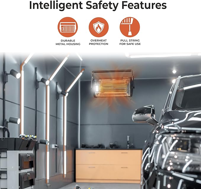 Comfort Zone CZQTV5M 750/1,500-Watt Ceiling Mounted Dual Quartz Radiant Heater with 90-Degree Adjustable Tilt, Metal Safety Grille, Overheat Protection (Hardware Included), Black