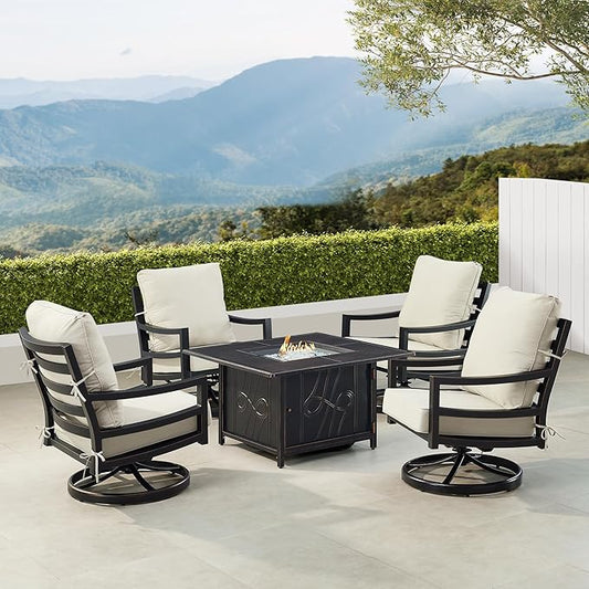 Oakland Living Black Aluminum Patio Fire Table Set with Four Club Chairs with Light Grey Cushions