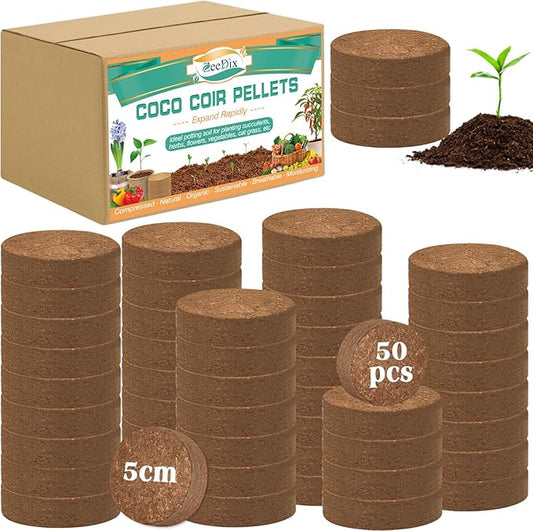ZeeDix 50pcs(50mm) Coco Coir Pellets Potting Soil Indoor Plants, Compressed Coconut Coir Soil Pellets Seed Starting Pellets Discs for Planting Flowers Bonsai Herbs Plants and Vegetables