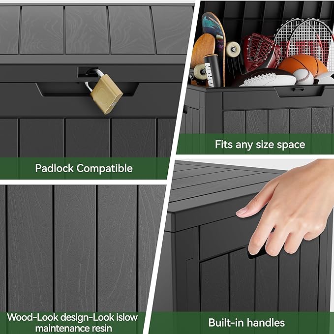 KAMABOKO Deck Box, 35 Gallon Resin Indoor and Outdoor Storage Boxes Waterproof for Garden Tools, Pool Accessories Storage Bench, Patio Furniture and Cushions with Lockable Lid, Black