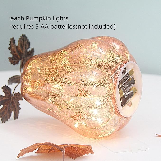 Mercury Glass Pumpkin Lights with Timer, Battery Operated Led Pumpkin Lights for Halloween Fall,Thanksgiving Rustic Decor (Rosegold Leafy, 9")