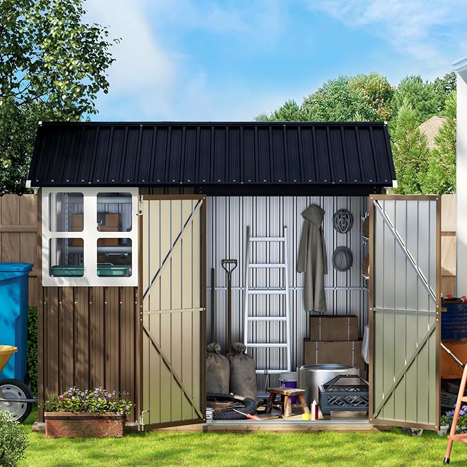 8X6FT Outdoor Steel Storage Shed with Lockable Doors, Frame Floor (No Wood/Other Boards),One Window,Ideal for Garden, Backyard, Patio Storage,Brown