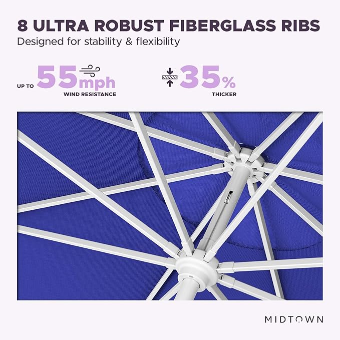 Midtown Umbrellas The Swilt 8 Feet Patio Umbrella in Terylast Midnight (Royal Blue) Polyester Fabric - Fiberglass Ribs, Auto-Tilt Aluminum Frame For Backyard, Deck, Garden, Pool - White Pole