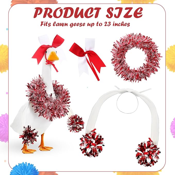 3 Pcs Cheerleader Porch Goose Outfit Poseable Wings with Pom Poms Garland and Bow for 23" Lawn Cement Goose Football Halloween Garden Patio Yard Outdoor Classroom Decorations(Red)