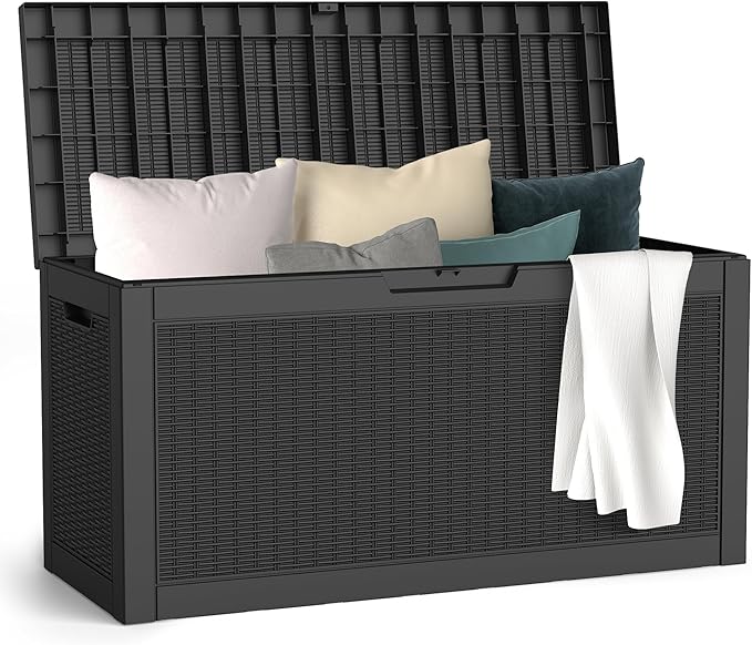 60 Gallon Outdoor Storage Box, Waterproof Deck Box with Handles and Lockable Lid, Resin Patio Storage Box with Hydraulic Rods for Garden Tools, Cushions, Black