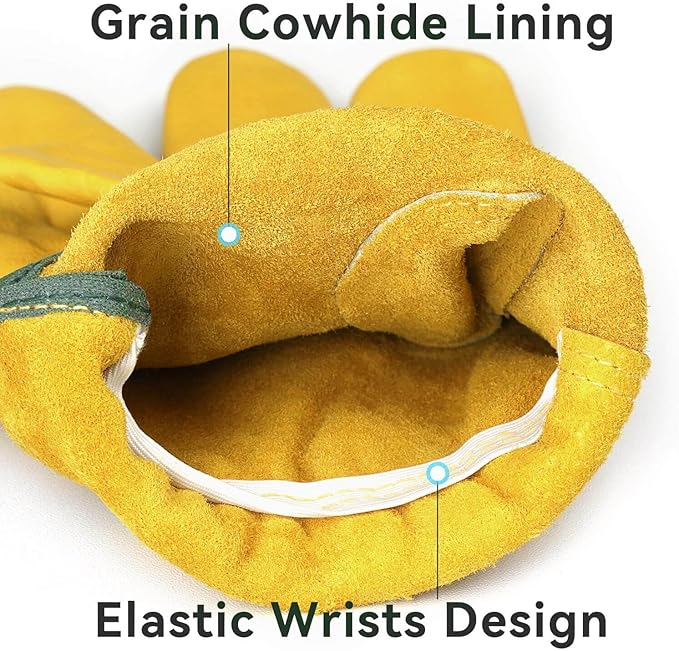 OZERO 5 Pairs Leather Work Gloves Flex Grip Tough Cowhide Gardening Glove for Wood Cutting/Construction/Truck Driving/Garden/Yard Working for Men and Women (Gold,Medium)