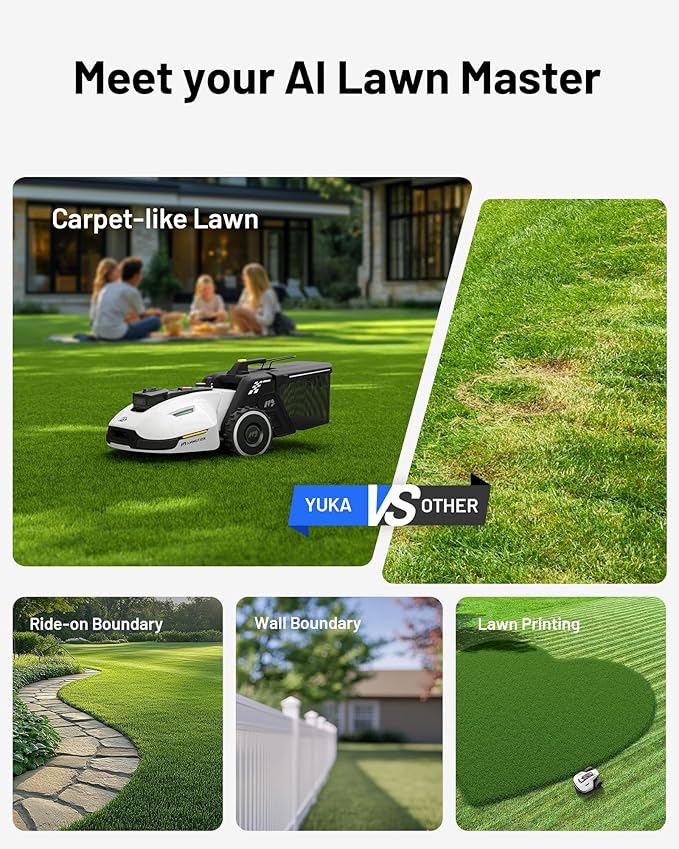 YUKA 2000 Robot Lawn Mower with Replacement Blades, Reception 0.5 Acre,Max. 0.7 Acre, Ultrasense AI Vision & RTK, Auto Mapping & App Control,45% Slope,Wireless Perimeter, 20 Mowing Zones